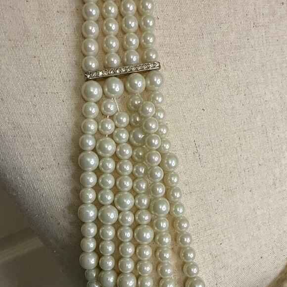 Chicos Multi Strand Pearl Tone Necklace w/ Crystal Bars Statement 38” - Picture 2 of 14